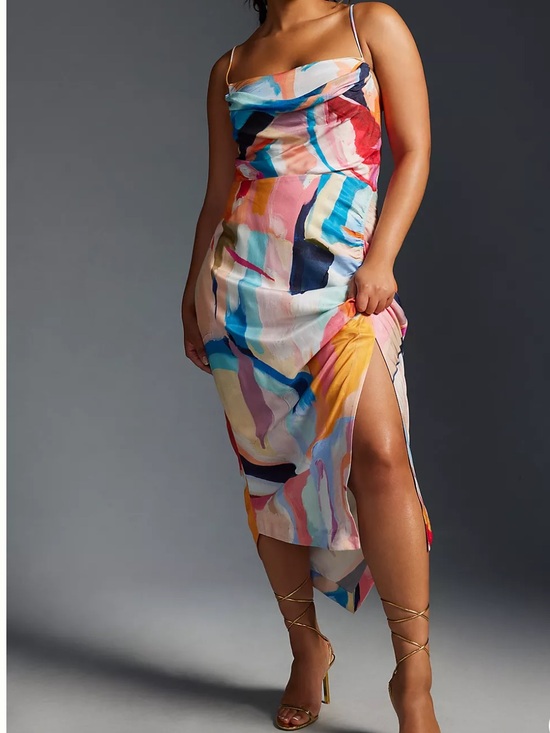 Anthropologie Dresses & Skirts - Anthropologie Cowl-Neck Ruched Watercolor Slip Dress Size 4 Cocktail Party